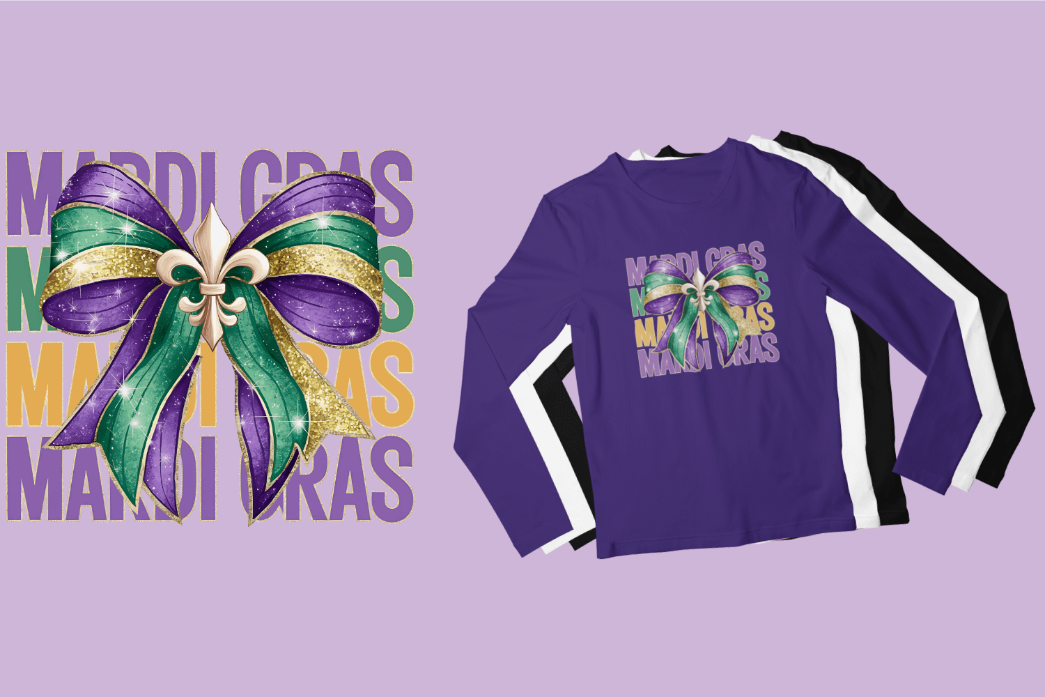 Glitter Glam Fleur Bow Mardi Gras Long Sleeve Shirt