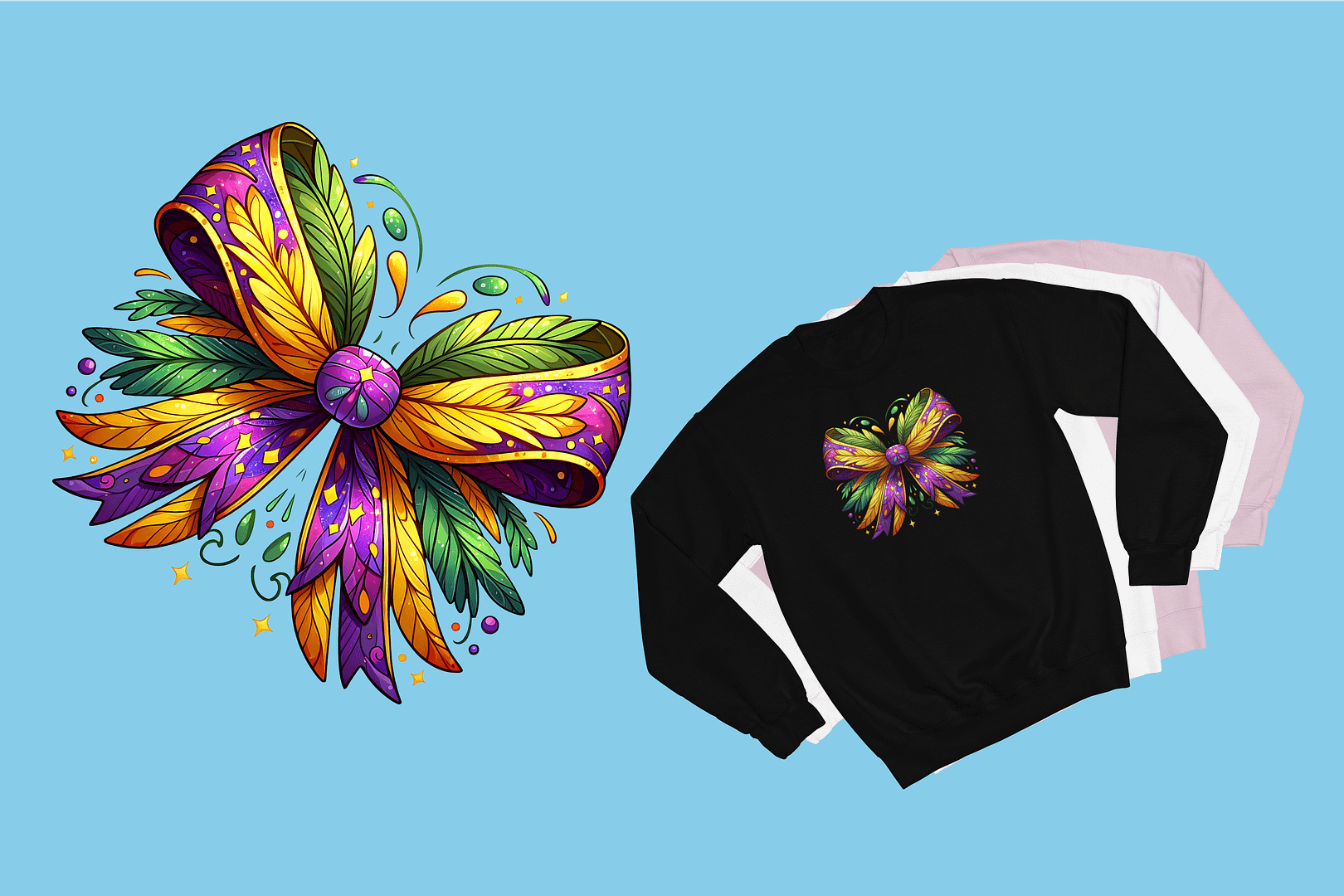 Mardi Gras Coquette Dragonfly Sweatshirt with Feathers and Glitter Accents