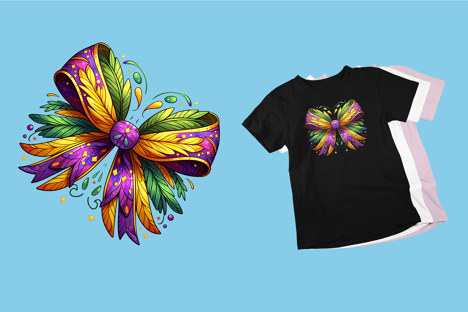 Mardi Gras Coquette Dragonfly T-Shirt with Feathers and Glitter Accents