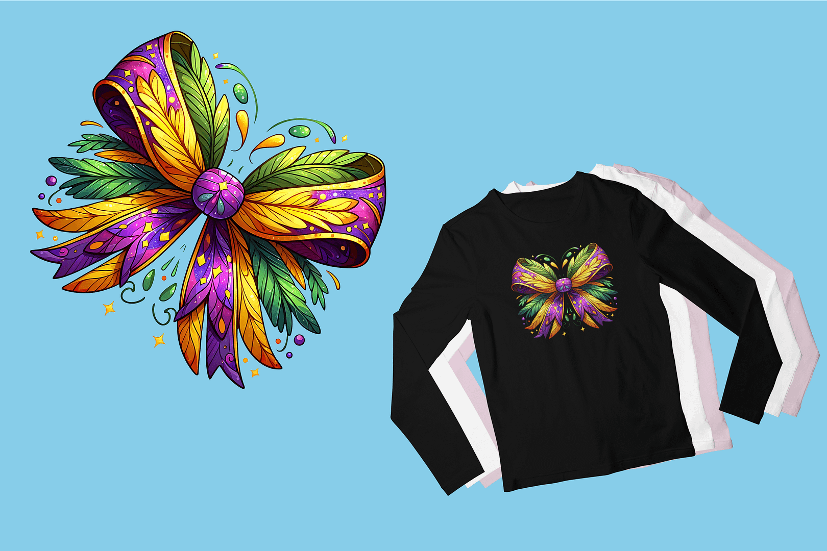 Mardi Gras Coquette Dragonfly Long Sleeve Shirt with Feathers and Glitter Accents