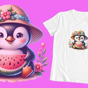 Adorable Summer Penguin T-Shirt - Watermelon & Sunshine Vibes (Regular & Glitter Options)