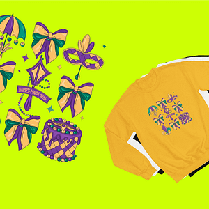 Mardi Gras Coquette Bow Sweatshirt with Mask, Beads, and Cake