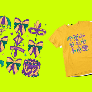 Mardi Gras Coquette Bow T-Shirt with Mask, Beads, and Cake