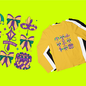 Mardi Gras Coquette Bow Long Sleeve Shirt with Mask, Beads, and Cake