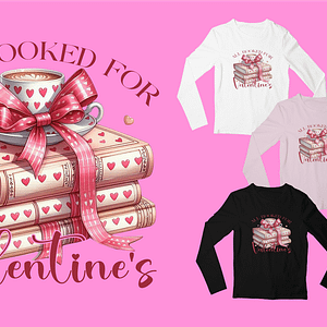 Romantic Teacup Valentine's Day Long Sleeve Shirt - Book Lover Style - White, Black, Light Pink - S-3XL