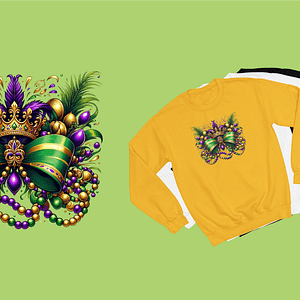 Royal Mardi Gras Crown Sweatshirt with Feathers, Bow, and Beads