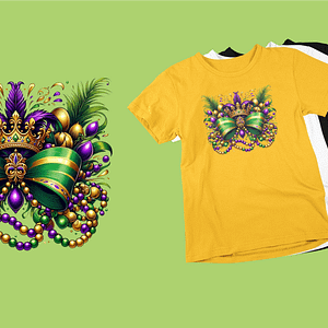 Royal Mardi Gras Crown T-Shirt with Feathers, Bow, and Beads