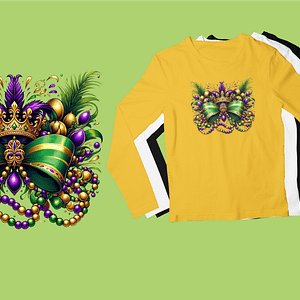 Royal Mardi Gras Crown Long Sleeve Shirt with Feathers, Bow, and Beads