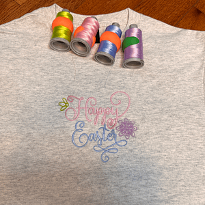 Happy Easter Embroidered Tee – Soft Ash Grey Spring Shirt