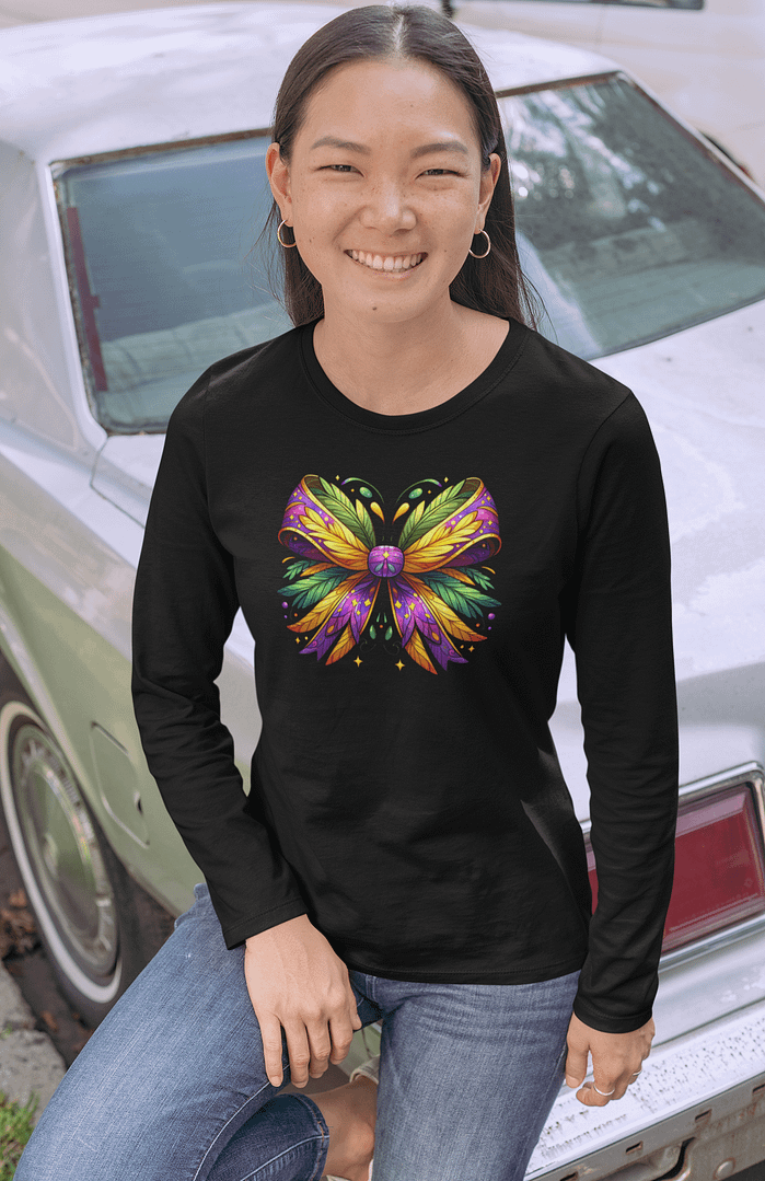 Mardi Gras Coquette Dragonfly Long Sleeve Shirt with Feathers and Glitter Accents - Image 4