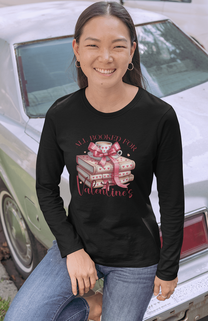 Romantic Teacup Valentine's Day Long Sleeve Shirt - Book Lover Style - White, Black, Light Pink - S-3XL - Image 4