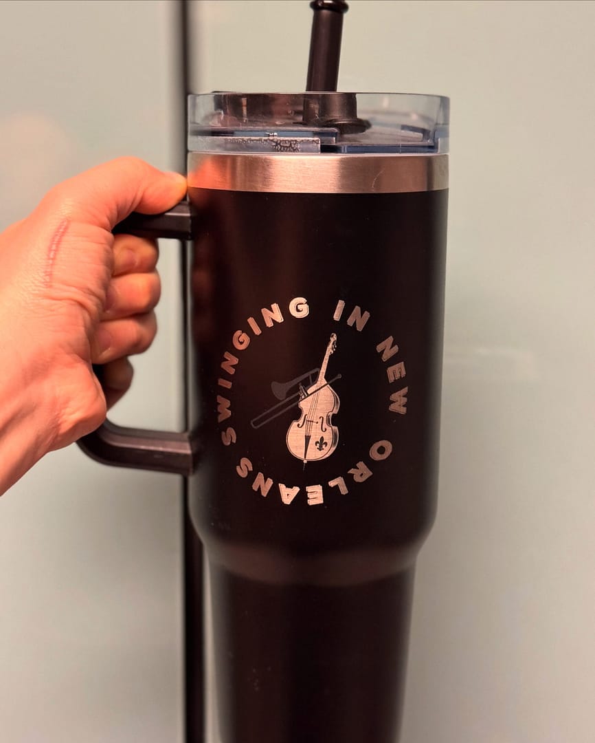 Laser engraved 40oz black stainless steel tumbler with handle featuring Swinging in New Orleans upright bass logo – custom band merch for musicians